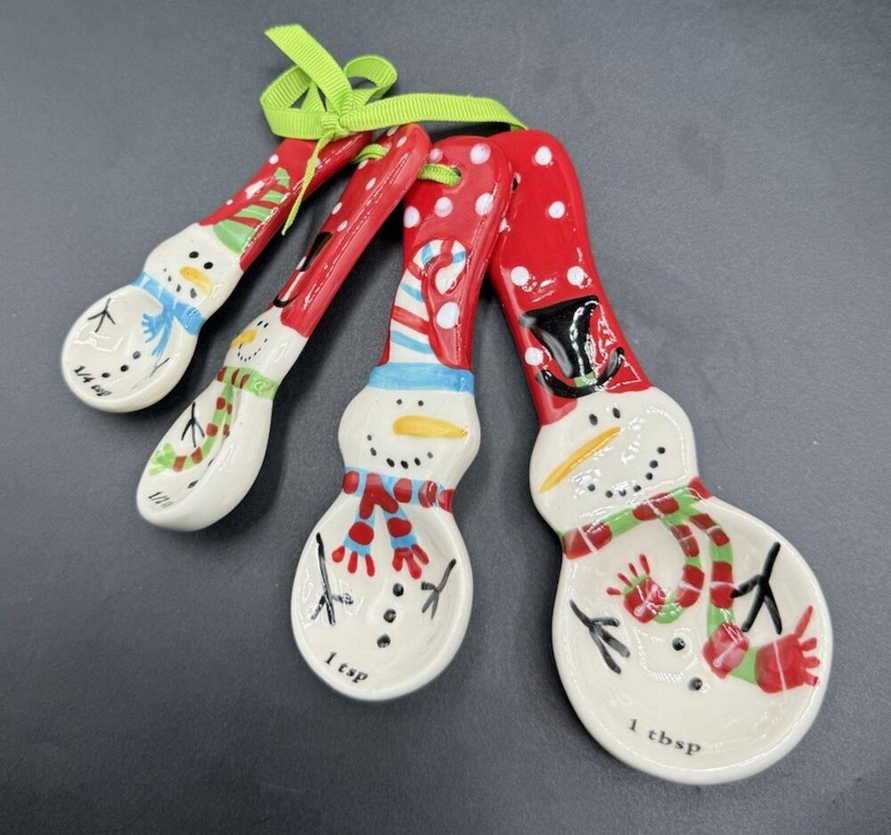 Pier 1 One Measuring Spoon Set Snowmen Christmas Baking 4-Piece Ceramic LO19
